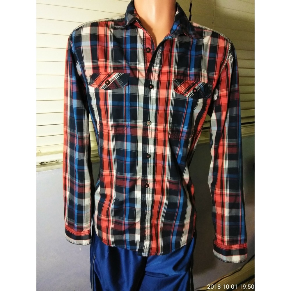 Angelo Litrico Mens M Shirt Long Sleeve Plaid Blue Button Front fitted  @1